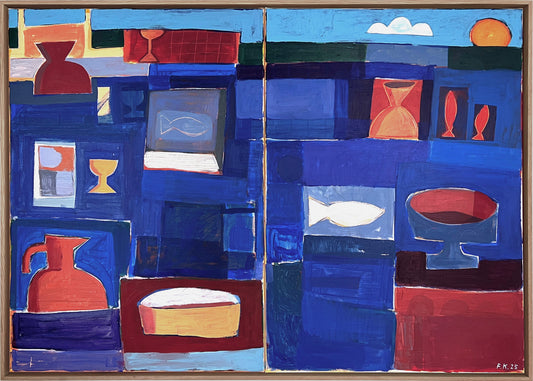 Abstract art piece with geometric shapes and colors, featuring a fish and other objects on a blue background.