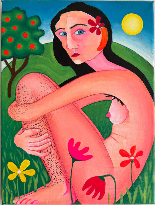 Painting of a nude figure with flowers and a landscape on a canvas.