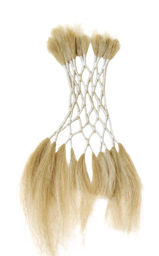 A textilie artwork made of flax fibers bound together with silk yarn and metal fibers