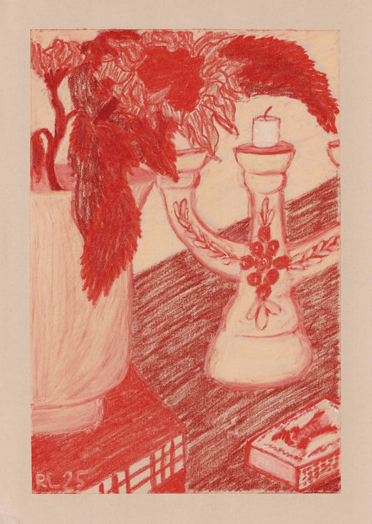 Pastel drawing of a sunflower arrangement in a vase alongside a feather, with a candle holder in the background, on a table with a book.