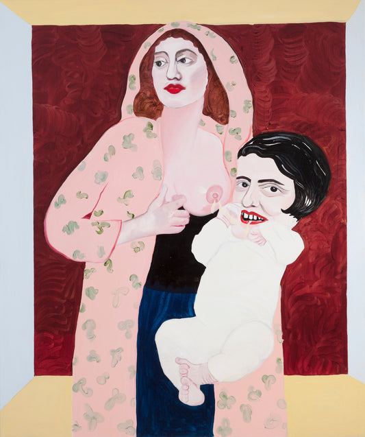 This image features a painting titled "Ayn (Evil Lives Here)" from the Emma Eats Bread and Butter series. The artwork presents a vivid and colorful depiction of two female figures, one holding the other in a protective or shielding gesture.