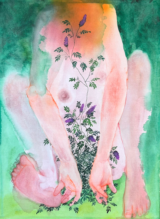 A colorful, figurative artwork depicting a scene with plant elements and abstract human-like forms, rendered in watercolors on a paper with a beeswax paste finish.