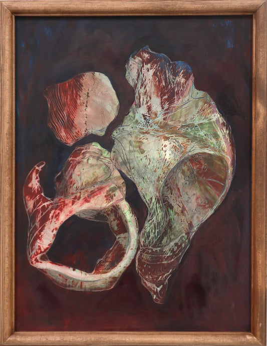 A painting featuring a tempera on chalk base with washed and scratched areas, finished with oils. It includes broken seashells and is framed by the artist.