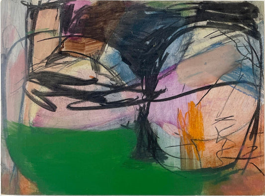 Abstract artwork with a prominent black tree-like shape on a multicolored background