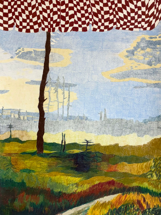Artistic depiction of a landscape with a checkered umbrella, trees, and buildings.