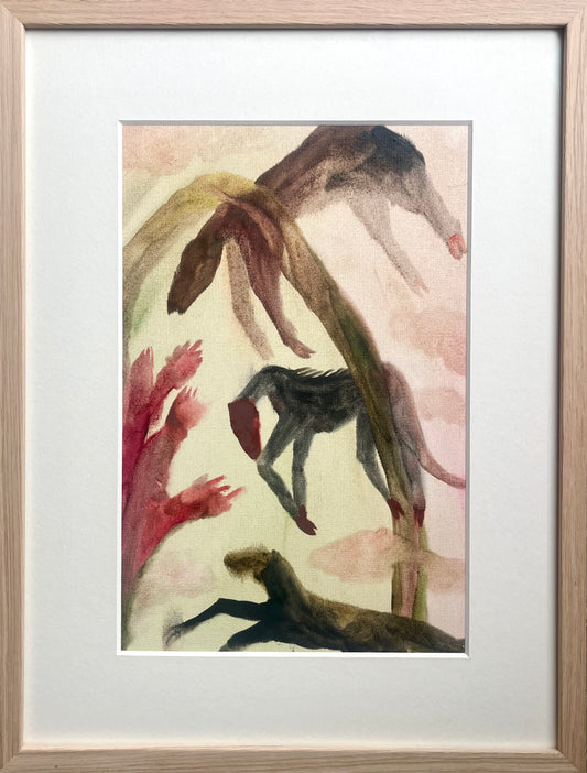 A framed artwork featuring abstract horse-like figures in a dreamy, soft color palette predominantly in browns and reds, set against a white background.