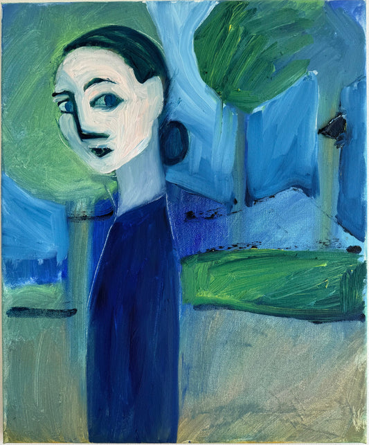 Abstract painting with a stylized face and geometric shapes in blue, green, and white.
