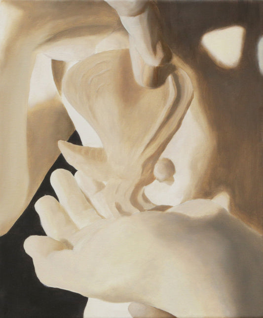 A painting depicting a close-up view of a marble sculpture with a focus on the hands and the sculpture's details, rendered in a realism style.