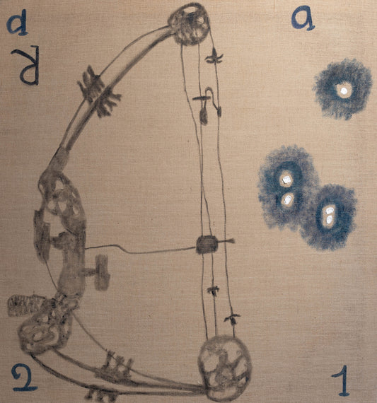 A monochromatic oil painting of a bow and arrow with futuristic and symbolic elements, featuring targets in the background.