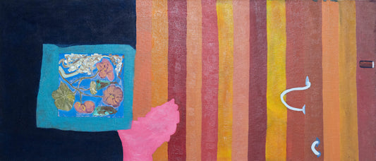 A abstract and colorful visual art piece, featuring oil, tempera, and paper on jute, with elements of pink and yellow particularly prominent.