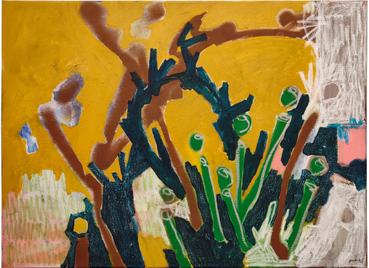 Abstract artwork with green and brown elements on a yellow background