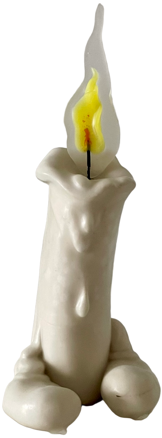 White ceramic candle holder with a lit candle on a plain background