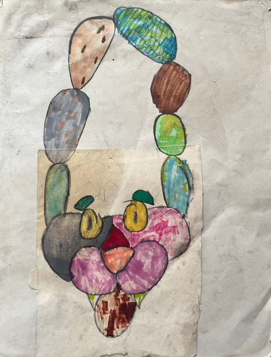 A drawing of a colorful necklace with various geometric shapes on paper.