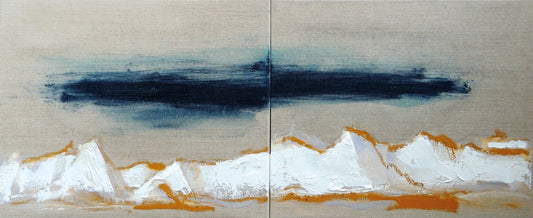 Abstract art piece with blue, white, and orange colors on a textured background