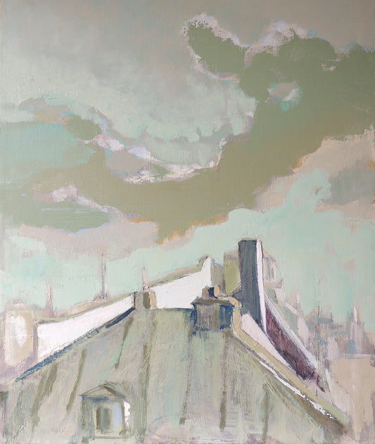 Abstract painting of a landscape with soft colors and shapes