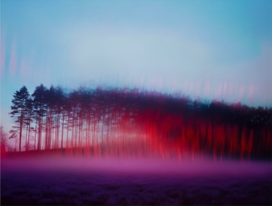 Framed artwork of a forest with a blurred effect on a beige wall