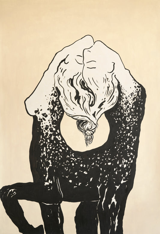 Black and white illustration of a creature with a humanoid body and wolf head on a beige background