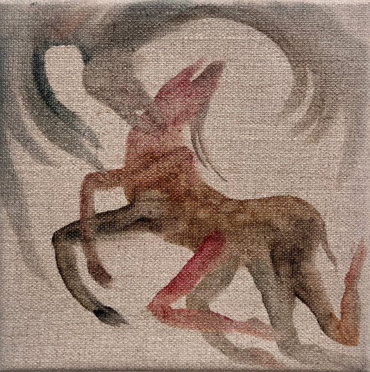 A abstract oil painting on raw linen featuring a creature that seems to combine characteristics of an antelope and a peregrine falcon, with soft, muted colors and fluid lines.