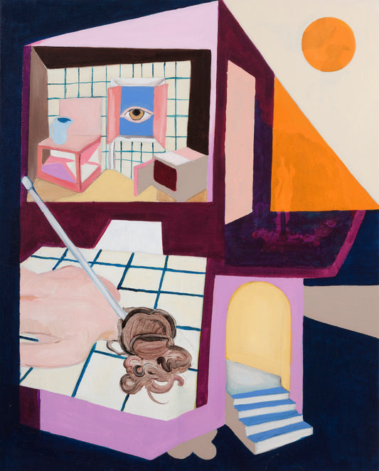 A painting depicting an abstract and surrealistic scene with geometric shapes and an eye within a pink frame on the wall.