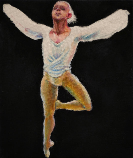 Artistic depiction of a dancer with outstretched arms on a black background