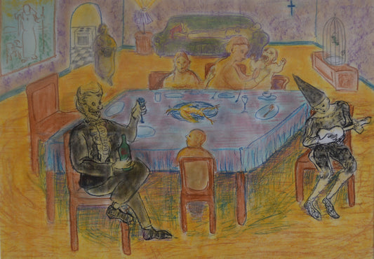 Colorful drawing of a surreal dining scene with figures around a table.