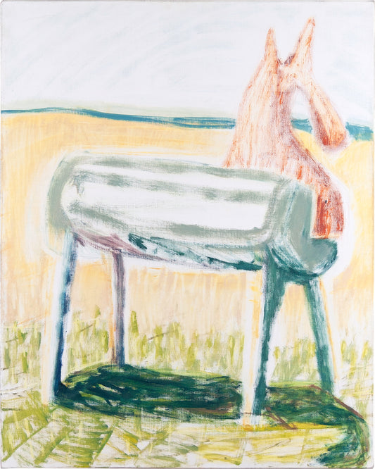 A painting of a horse standing next to a cylindrical object, possibly a barrel, with a background of a field and sky.