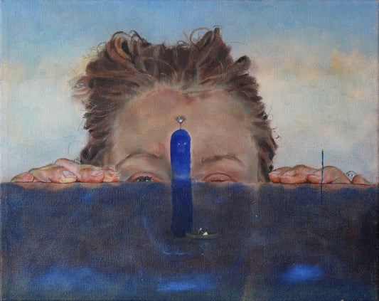 Artistic depiction of a face with a blue candle in front, against a blue and white background.