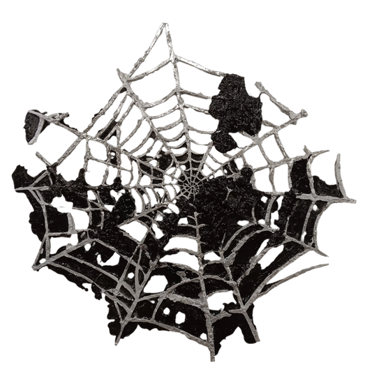 This image features a wall-hanging metallic spider's web, intricately designed with a dramatic and dark aesthetic. The metallic threads are crafted to create a dense, intricate pattern that resembles the structure of a real spider's web, emphasizing its figurative quality.