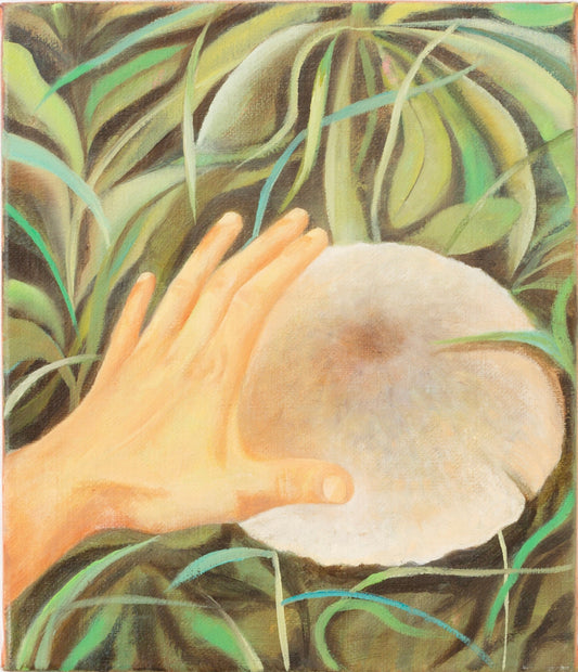 A painting depicting a hand holding a spherical object with a background of green foliage.