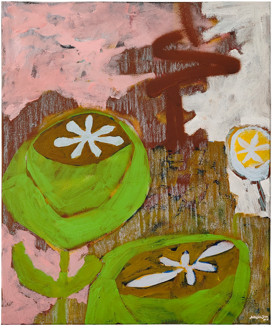 Abstract painting with green shapes and white flowers on a textured background