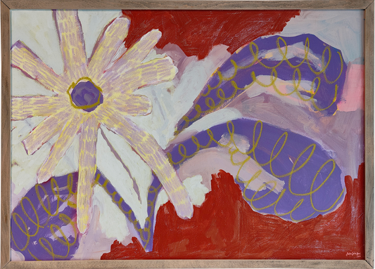 Abstract painting with flowers on a red background, framed in wood.