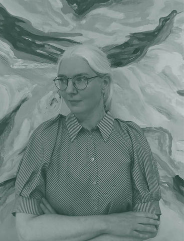 Abstract painting with swirling blue, purple, and white colors