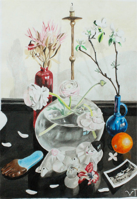 Still life painting with flowers, vases, and a candle on a table.