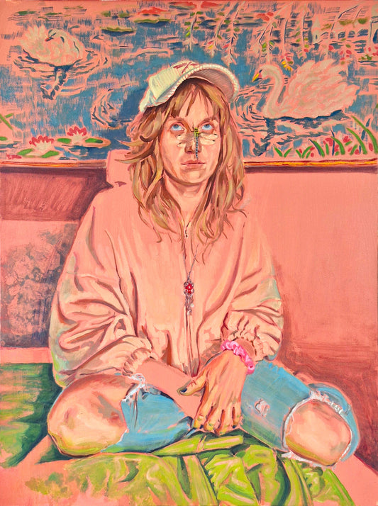 Colorful painting of a person sitting on a couch with a patterned wall behind