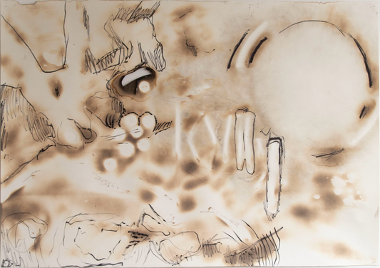 Abstract artwork with brown and beige tones on a white background