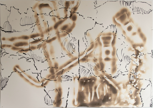 Abstract artwork with brown and black ink on a beige background