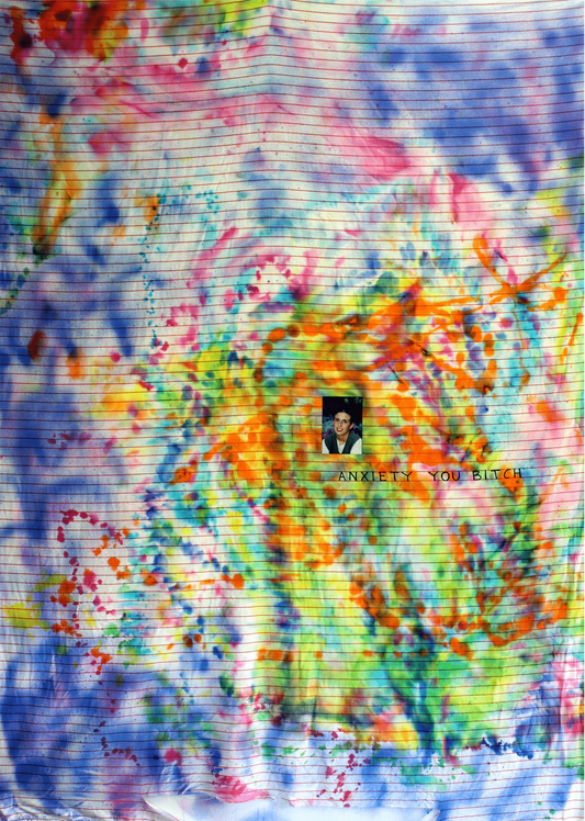 Colorful tie-dye towel with a logo and text on a white background