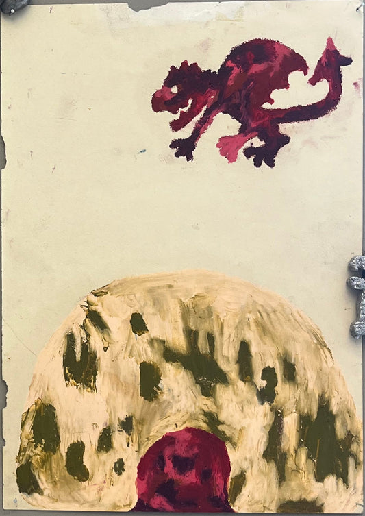 Artistic depiction of a creature with red and purple accents on a textured surface.