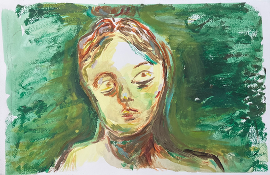 Artistic depiction of a woman's head with green and brown tones