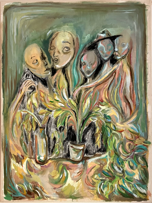 Abstract painting of figures with a plant, using a limited color palette.
