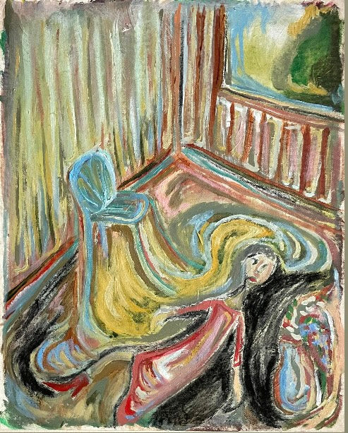 Artistic depiction of a woman sitting on a chair with curtains and a window in the background