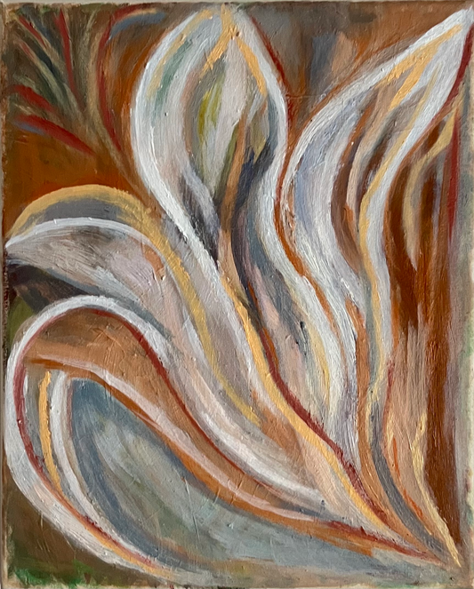 Abstract painting with wavy, flowing lines in earthy tones.