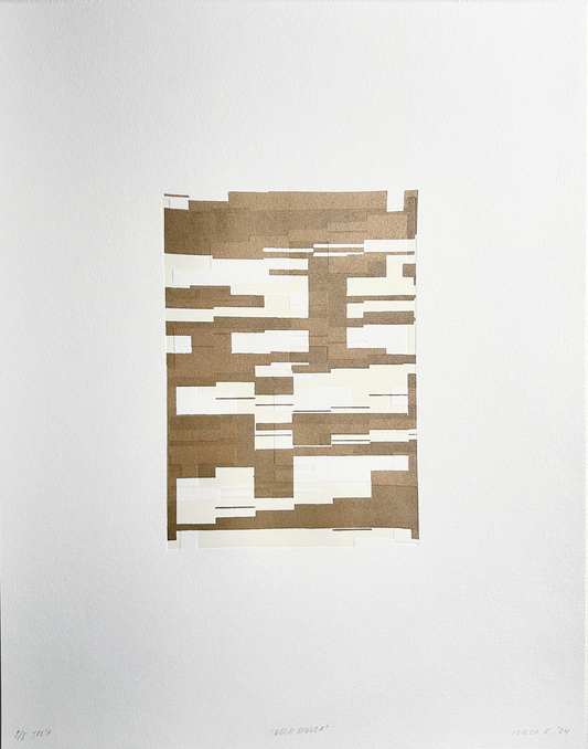 Abstract art piece with gold and white patterns on a white background