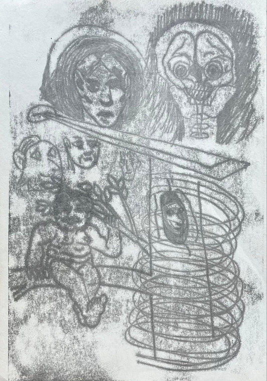 Black and white illustration of a person with a mask on a wooden surface