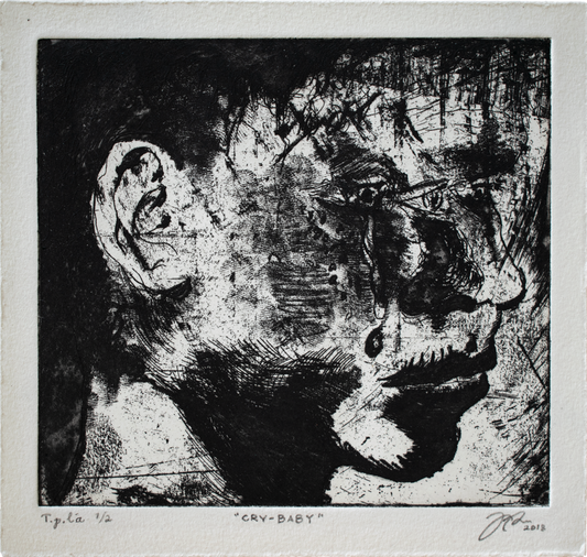 Black and white etching of a skull and an ear, with text 'Cry Baby' at the bottom.