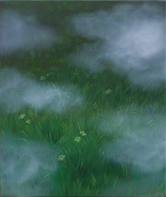Painting of a grassy field with clouds on an easel against a white wall.