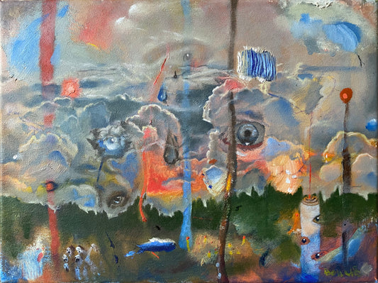 Abstract artwork with colorful shapes and patterns