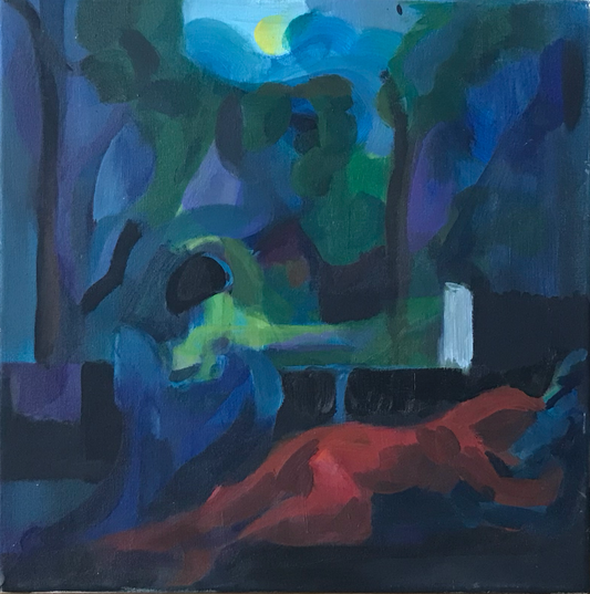 Abstract painting with a red figure lying on the ground and trees in the background
