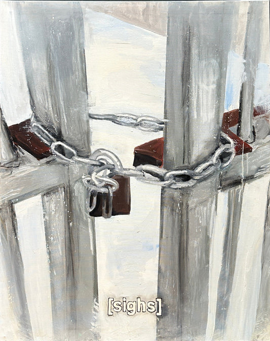 Artistic depiction of a door with a chain and lock on a dark surface