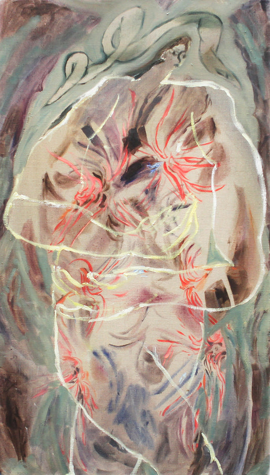 Abstract artwork with a central figure and vibrant colors on a textured background
